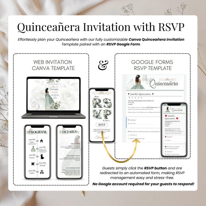 Quinceañera Invitation Set – Sage Green Digital Canva Template with RSVP Form and Tracking – Modern Event Design