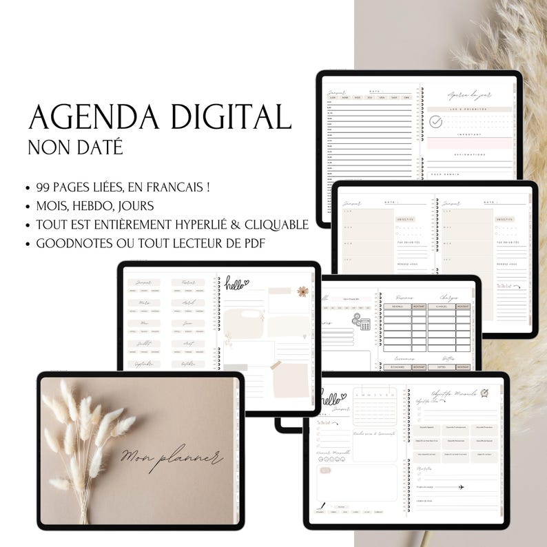 May include: A digital planner with a beige background and a floral design. The planner is open to a page with the text "Mon planner" and a page with a calendar. The planner is designed for use with Goodnotes or other PDF readers.