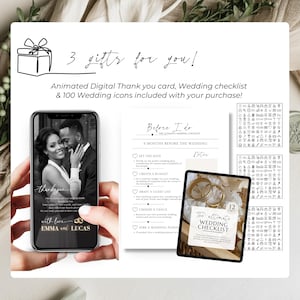 Bonus included with purchase: animated digital wedding thank you card, printable wedding checklist and 100 wedding icons. Mobile phone preview of thank you card, bridal checklist page and icon sheets. Free extras included with sage green digital wedding invitation Canva template. Perfect add-ons for modern brides planning an online wedding.