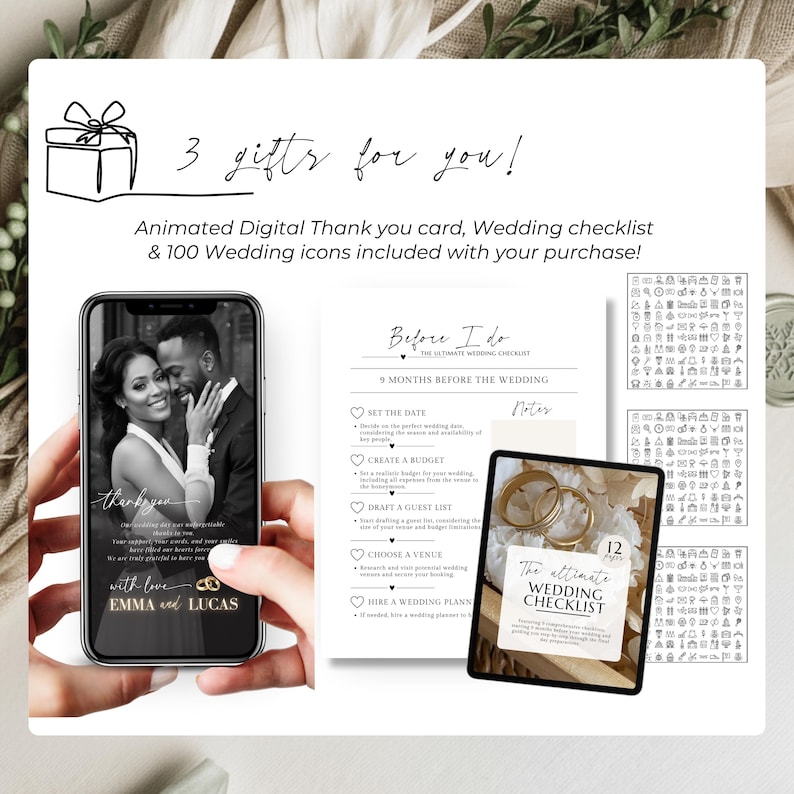 Bonus included with purchase: animated digital wedding thank you card, printable wedding checklist and 100 wedding icons. Mobile phone preview of thank you card, bridal checklist page and icon sheets. Free extras included with sage green digital wedding invitation Canva template. Perfect add-ons for modern brides planning an online wedding.