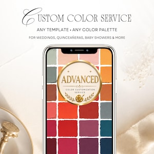 May include: A smartphone screen displays a grid of colorful paint swatches in shades of red, orange, gray, and blue. A gold circular emblem in the center features the text ADVANCED COLOR CUSTOMIZATION SERVICE with a paint palette icon.