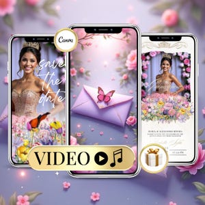 Quinceanera Digital Invitation Video with Photo, Editable Sweet 15/16 Template - Invitation Vidéo Quinceañera Numérique Anniversaire 15 ans
