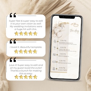 Customer reviews praising an elegant animated wedding video invitation, shown on a smartphone screen with a wedding day timeline. Reviews highlight ease of use, beauty of the template, and successful guest reactions. Canva template is editable and mobile-friendly. Ideal for digital, modern, and paperless wedding invitations shared online.