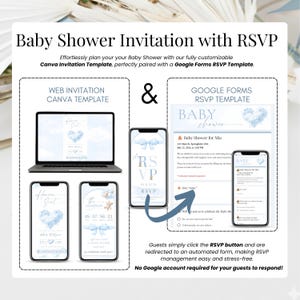 Baby shower invitation with RSVP tracker displayed on multiple devices. Heaven Sent blue baby shower digital invite for baby boy, editable Canva template with Google Form RSVP, cloud and teddy bear theme, modern website-style invitation.