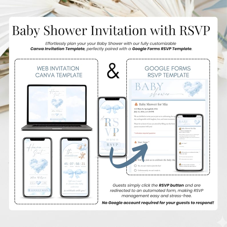 Baby shower invitation with RSVP tracker displayed on multiple devices. Heaven Sent blue baby shower digital invite for baby boy, editable Canva template with Google Form RSVP, cloud and teddy bear theme, modern website-style invitation.