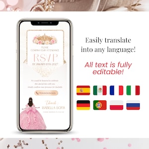 Quinceañera RSVP invitation Canva template multilingual design, easily translate into multiple languages, pink blush gold elegant invitation, digital Sweet 16 video invite with fully editable text and international usability