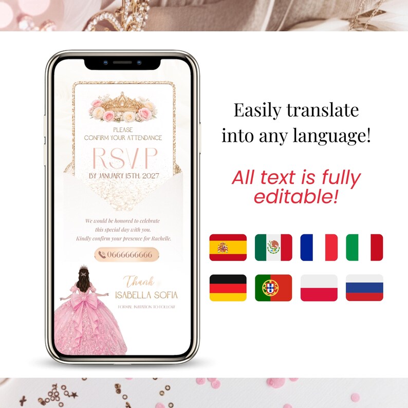 Quinceañera RSVP invitation Canva template multilingual design, easily translate into multiple languages, pink blush gold elegant invitation, digital Sweet 16 video invite with fully editable text and international usability