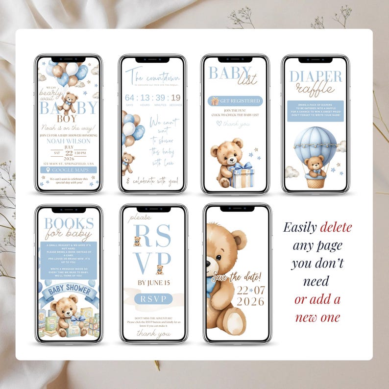 Full set of Baby Shower Website Pages — Boy Blue Teddy Bear Invitation Pack with RSVP, Countdown, Event Info, Schedule, and Map. Canva editable, instant download, share via phone text or WhatsApp, modern and cute baby boy theme.