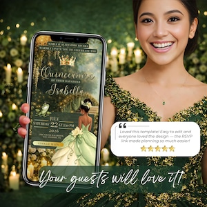 Elegant Tiana inspired quinceañera invitation with floral gown and gold crown, Canva editable digital invite with RSVP link, music and Google Maps integration