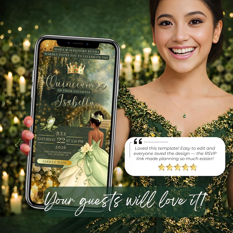 Elegant Tiana inspired quinceañera invitation with floral gown and gold crown, Canva editable digital invite with RSVP link, music and Google Maps integration