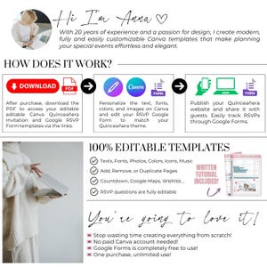 About the designer Anna – modern Canva templates for digital invitations and printable designs. Step-by-step guide to edit your Sleeping Beauty Quinceañera or Sweet 16 digital website invitation. 100% editable, easy to use, professional result for 15th birthday celebrations.