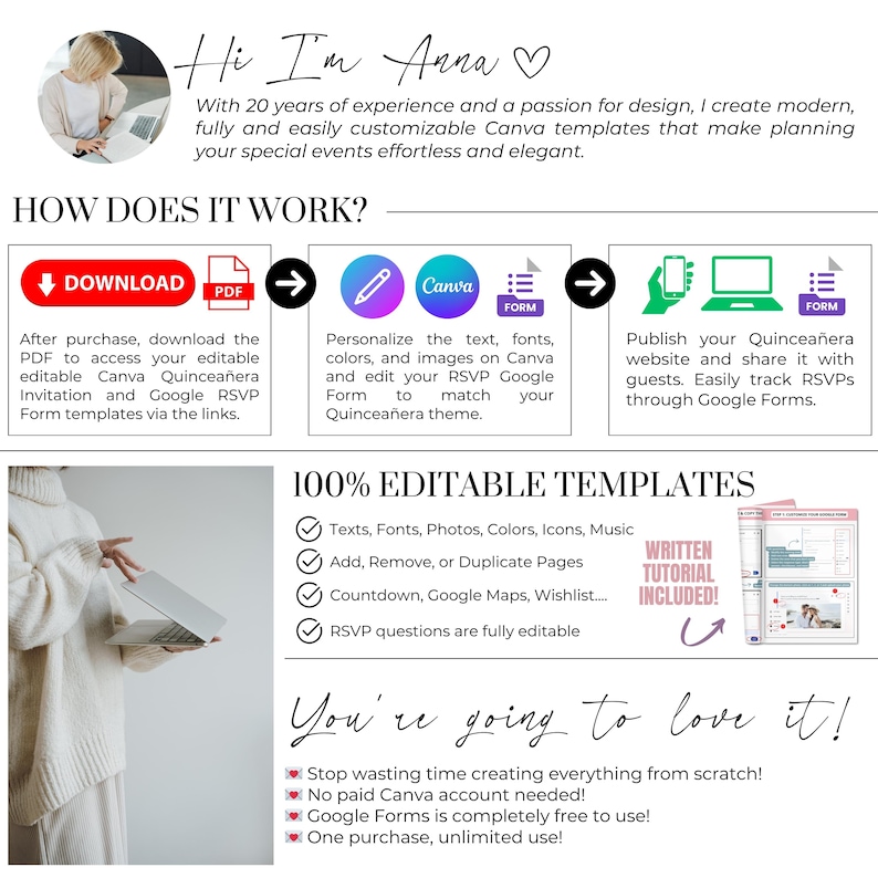 About the designer Anna – modern Canva templates for digital invitations and printable designs. Step-by-step guide to edit your Sleeping Beauty Quinceañera or Sweet 16 digital website invitation. 100% editable, easy to use, professional result for 15th birthday celebrations.