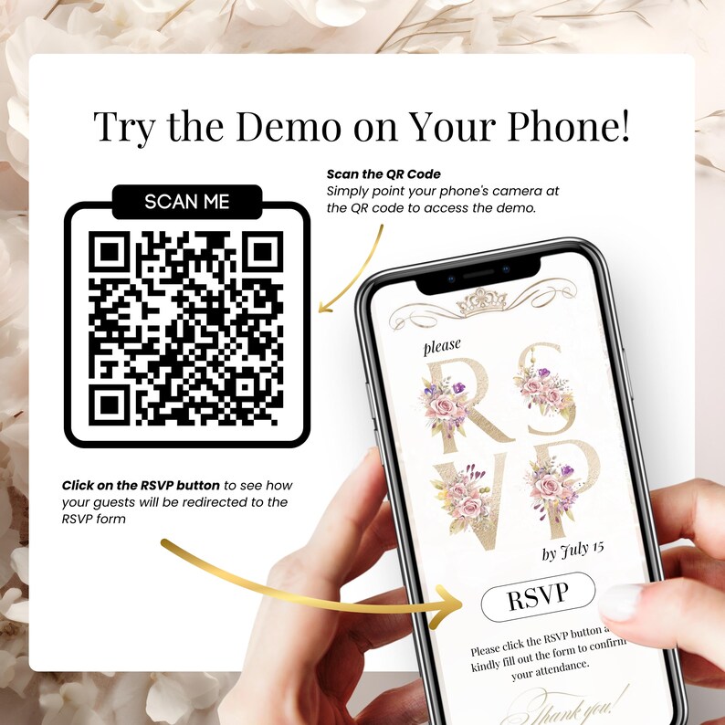 Try the editable Quinceañera RSVP online invitation on your mobile device with QR code preview