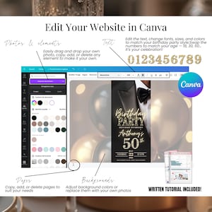 Editable men’s 50th birthday digital invitation Canva template with customizable text, fonts, colors, photos, and backgrounds. Includes gold number graphics 0–9 to adapt for any milestone age. Modern black and gold online birthday invite, instant download, fully editable website with written tutorial included. Perfect digital evite with RSVP, countdown, and music.