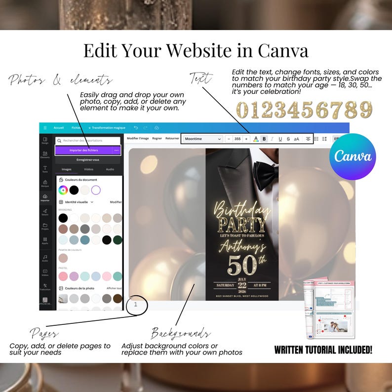 Editable men’s 50th birthday digital invitation Canva template with customizable text, fonts, colors, photos, and backgrounds. Includes gold number graphics 0–9 to adapt for any milestone age. Modern black and gold online birthday invite, instant download, fully editable website with written tutorial included. Perfect digital evite with RSVP, countdown, and music.