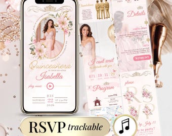Digital Quinceañera Invitation Sweet 16 Website with Editable Embedded RSVP Tracker Countdown, 15th Birthday Online Invite Canva Template