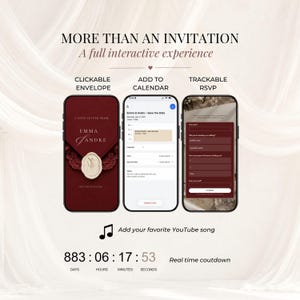 Three smartphone mockups showing a burgundy lace wedding invitation envelope, wedding calendar and RSVP form on an ivory fabric background. Interactive wedding website with clickable envelope, Add to Calendar and trackable RSVP.