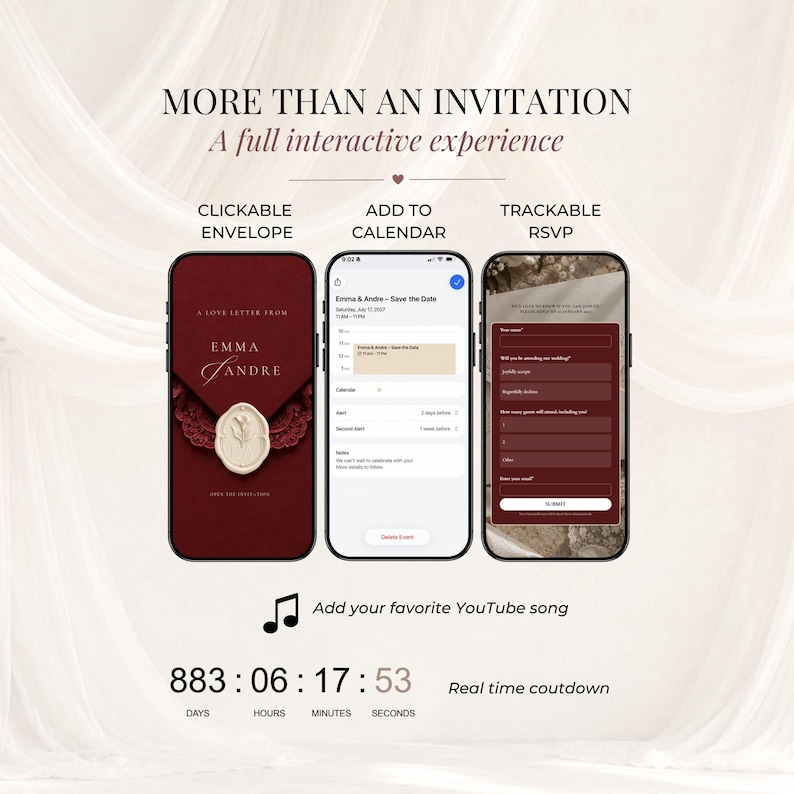 Three smartphone mockups showing a burgundy lace wedding invitation envelope, wedding calendar and RSVP form on an ivory fabric background. Interactive wedding website with clickable envelope, Add to Calendar and trackable RSVP.