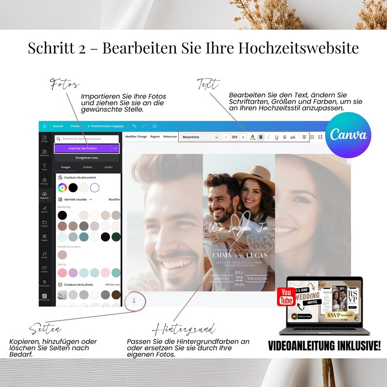 Digitale Canva-Hochzeitseinladung: Stilvolle Vorlage mit integriertem RSVP-Link und Google-Formular. Ideal für Paare, die eine elegante, papierlose und personalisierbare Einladung suchen.