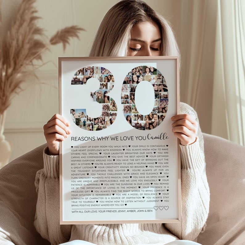 Personalized 30th birthday gift photo sign titled '30 Reasons We Love You,' designed as an editable Canva template. Features space for photos and heartfelt messages to celebrate 30 years, a unique DIY birthday gift idea.