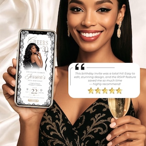 Glam black lace birthday invitation displayed on phone with elegant black and champagne gold styling. Digital birthday invite with RSVP for 30th, 40th, 50th or any age milestone celebration, featuring an editable Canva birthday website.