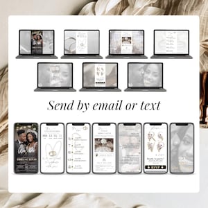 Digital wedding invitation Canva template with RSVP, animated wedding website evite with countdown timer, wedding day program, venue map, dress code, and menu details. Guests can receive their invitation instantly by email or text message. Modern black gold wedding invite with interactive RSVP form, eco-friendly paperless wedding invitation, editable online wedding website for couples.
