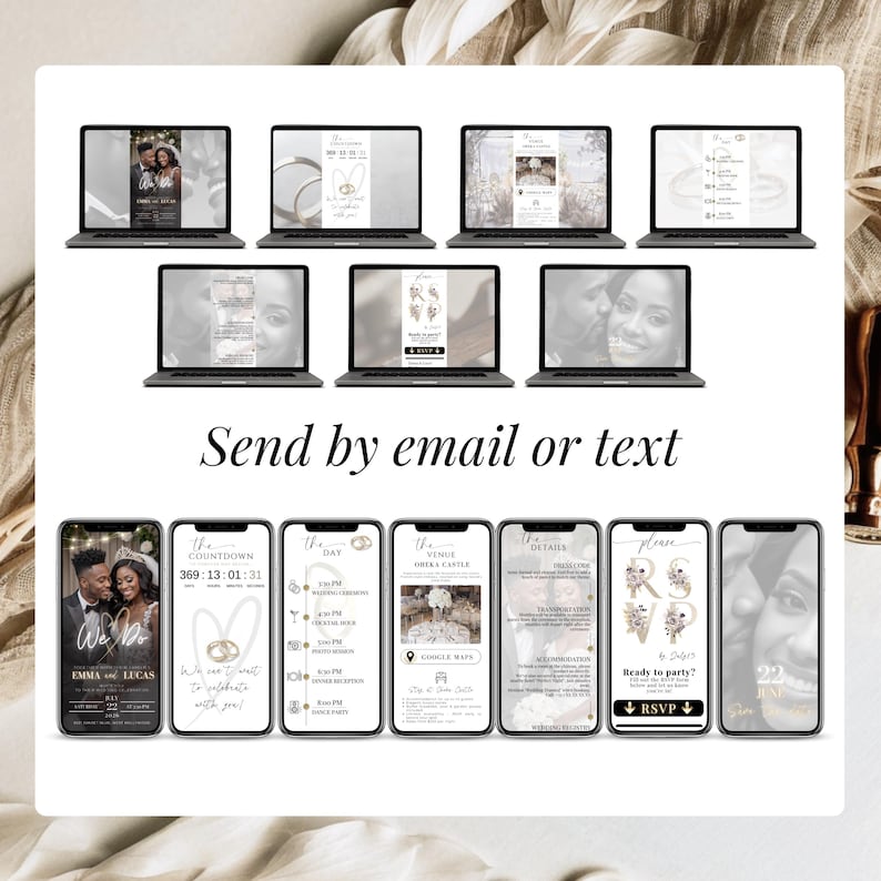 Digital wedding invitation Canva template with RSVP, animated wedding website evite with countdown timer, wedding day program, venue map, dress code, and menu details. Guests can receive their invitation instantly by email or text message. Modern black gold wedding invite with interactive RSVP form, eco-friendly paperless wedding invitation, editable online wedding website for couples.