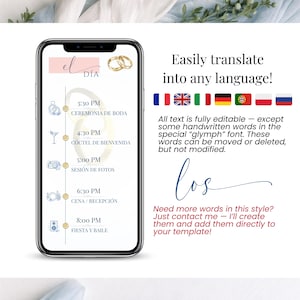 May include: A smartphone displays a wedding itinerary with event times and icons. The text reads "el d&iacute;a" and "Ceremonia de Boda." Additional text explains the template's editability and translation capabilities. Gold wedding rings are at the top.