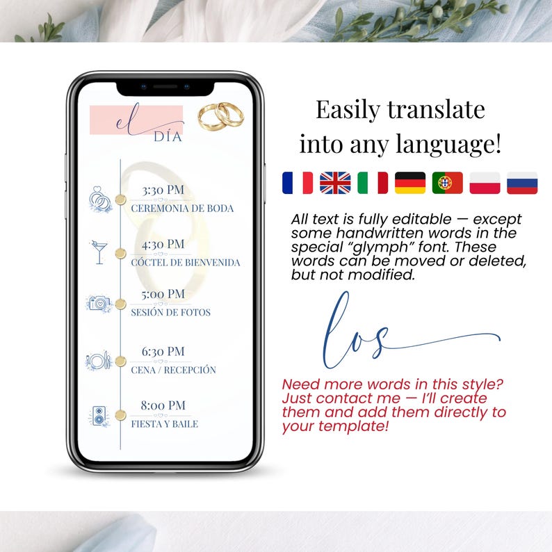 May include: A smartphone displays a wedding itinerary with event times and icons. The text reads "el d&iacute;a" and "Ceremonia de Boda." Additional text explains the template's editability and translation capabilities. Gold wedding rings are at the top.