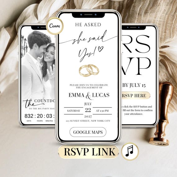 Engagement Invitation with RSVP Link, She Said Yes Engagement Party Digital Invite Canva Template, Wedding Website  Online Invitation