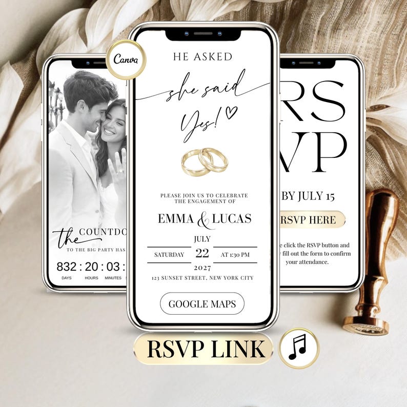 Engagement party digital invitation website with RSVP link, elegant gold black Canva template, wedding engagement invite with countdown, Google Maps, music, mobile phone preview, modern minimal chic couple invitation editable online