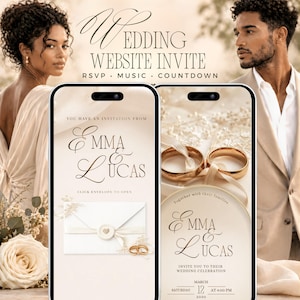 Champagne Wedding Invitation with RSVP Link, Wedding Website Template, Editable Canva Invite, Music, Countdown, Clickable Envelope