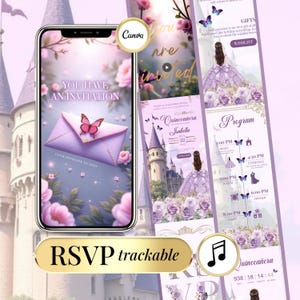Invitación Digital Quinceañera Lila con RSVP | Invitación Sweet 16 Editable en Canva, Invitación Online para Quinceañera de 15 Años