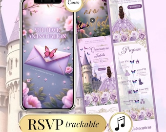 Lilac Quinceañera Digital Invitation Website with RSVP | Editable Canva Sweet 16 Invite, 15th Birthday Online quince Invitation
