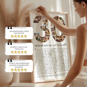Personalized 30th birthday gift photo sign titled '30 Reasons We Love You,' designed as an editable Canva template. Features space for photos and heartfelt messages to celebrate 30 years, a unique DIY birthday gift idea.