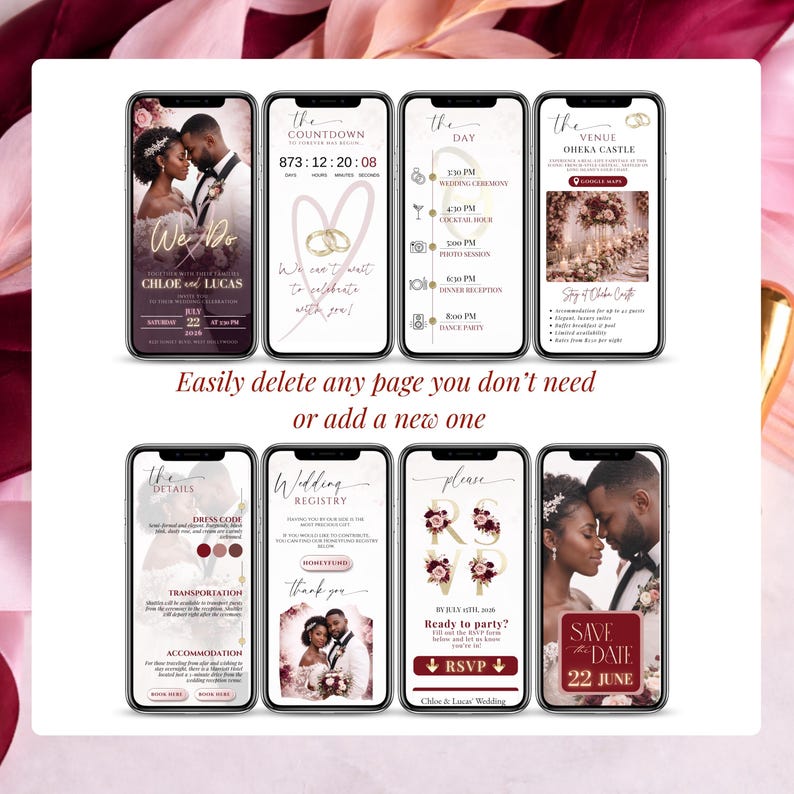 Wedding invitation feature overview collage showing RSVP Google Form, wedding registry, Google Maps link, and add your music options