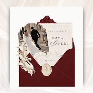 Burgundy velvet envelope filled with couple photo, ivory embossed Save the Date card, heart date card, ivory swan and floral decoration. Romantic burgundy lace wedding invitation with personalized wax seal and Old Money style.