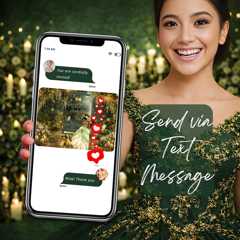 Digital Quinceañera Sweet 16 Princess Tiana Invitation | Green & Gold Elegant Canva RSVP Website Digital Invite image 7