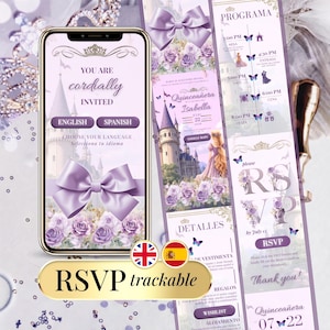 キンセアニェーラ招待状 スイート15 スイート16 ラプンツェル 塔の上のラプンツェル オンラインRSVP パープルプリンセス デジタル招待状 編集可能 Canva 英語 スペイン語 バイリンガル