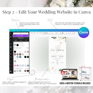 Paso 2: edita tu sitio web de boda en Canva. Personaliza el texto, cambia las fuentes, tamaños y colores para que coincidan con el estilo de tu boda. Sube tus propias fotos, ajusta los colores de fondo, y añade, duplica o elimina páginas fácilmente. Plantilla digital de invitación de boda editable en español, ideal para compartir por WhatsApp, email o redes sociales. Incluye tutorial en video y guía escrita.