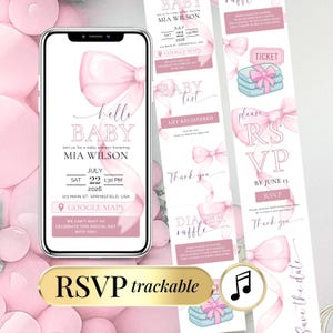 Peut inclure: Une invitation numérique pour une fête prénatale sur un écran de smartphone et deux panneaux verticaux avec des nœuds roses, le texte Hello Baby, Mia Wilson, July 22 2026, 1:30 PM, 123 Main St, Springfield, USA, Google Maps, RSVP et Diaper Raffle.