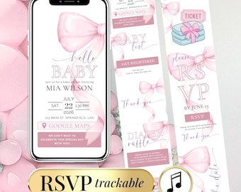 Baby Girl Shower Invitation Bow Coquette Pink Baby Shower Invite Template Editable Digital Baby Girl Shower with RSVP Evite Pink Ribbon