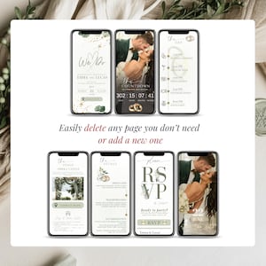 Editable sage green digital wedding invitation pages displayed on mobile phones. Canva template includes welcome page, wedding countdown, schedule, venue map, details, RSVP form and photo page. Easily delete or add pages to customize your online wedding invite. Modern greenery wedding website with RSVP link and countdown timer for texting or email.