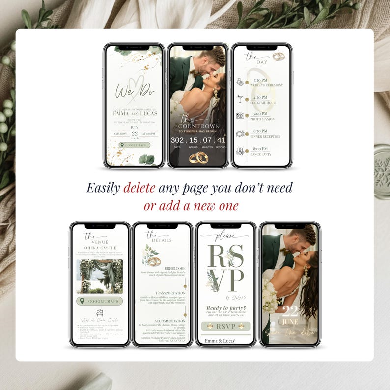 Editable sage green digital wedding invitation pages displayed on mobile phones. Canva template includes welcome page, wedding countdown, schedule, venue map, details, RSVP form and photo page. Easily delete or add pages to customize your online wedding invite. Modern greenery wedding website with RSVP link and countdown timer for texting or email.