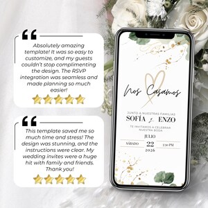 Opiniones de clientes sobre invitación de boda digital editable en español. Plantilla Canva personalizable con diseño moderno y formulario RSVP online. Invitación móvil con portada “Nos Casamos” para compartir por WhatsApp o email. Ahorra tiempo, reduce el estrés y sorprende a tus invitados. Ideal para bodas mexicanas, destination weddings o celebraciones bilingües. ¡Fácil de usar y muy valorada!