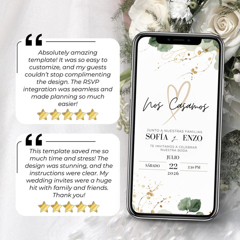 Opiniones de clientes sobre invitación de boda digital editable en español. Plantilla Canva personalizable con diseño moderno y formulario RSVP online. Invitación móvil con portada “Nos Casamos” para compartir por WhatsApp o email. Ahorra tiempo, reduce el estrés y sorprende a tus invitados. Ideal para bodas mexicanas, destination weddings o celebraciones bilingües. ¡Fácil de usar y muy valorada!