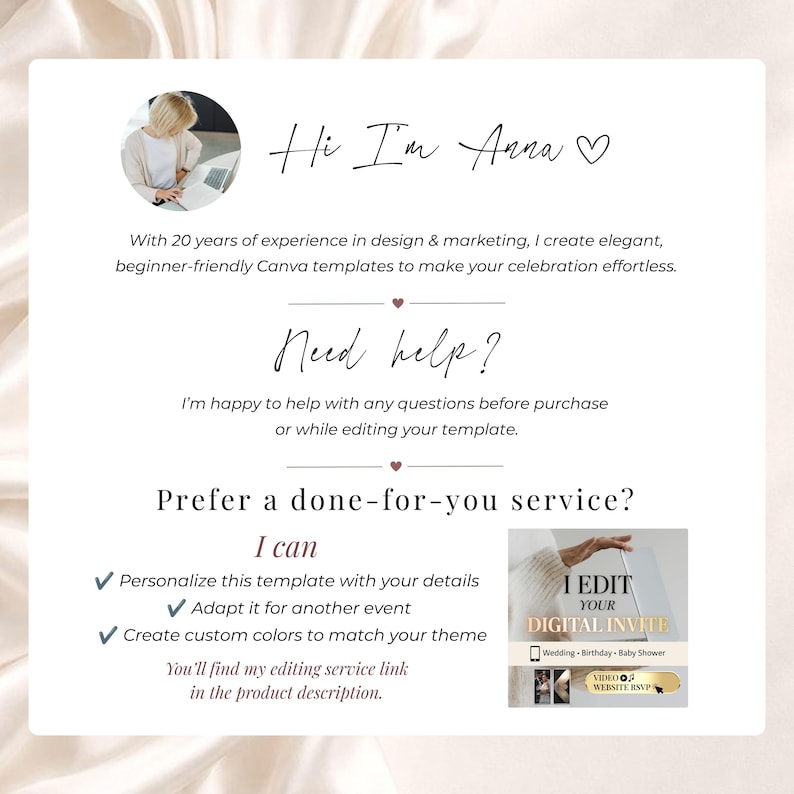 Canva birthday invitation editing service for a black white and gold digital birthday website. Personalized 30th, 40th, 50th or any age birthday invite with RSVP, custom colors, event details and optional done-for-you template editing.