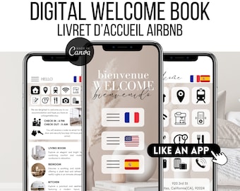 Digital Airbnb Welcome Book Template English French, Spanish for Airbnb Hosts, Bed and Breakfasts, Cottages, and Vacation Rentals