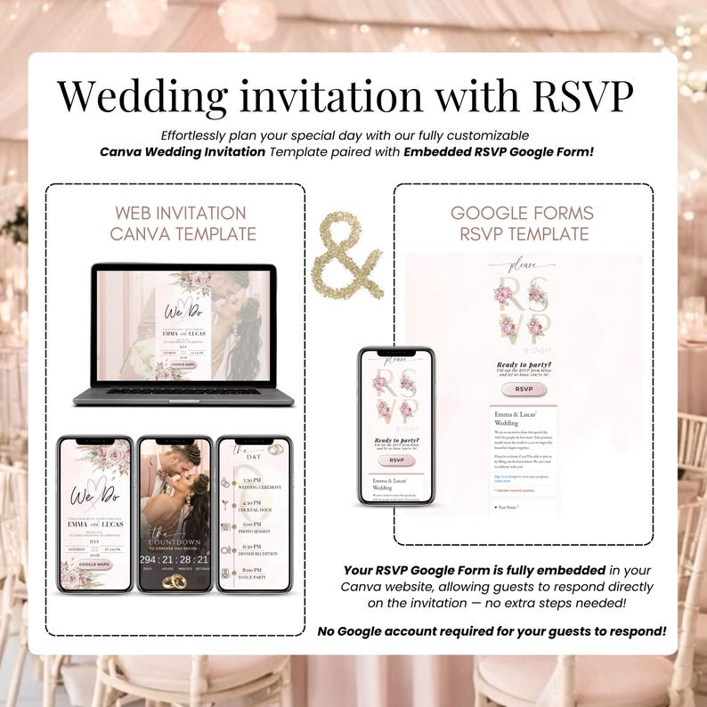 Wedding invitation website and Google Form RSVP – blush pink animated Canva template with real-time countdown and elegant layout. Perfect for digital wedding invitations.