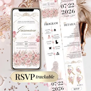 Invitación Digital Quinceañera Editable con RSVP en Línea – Plantilla Floral Dorada Sweet 15 Mis Quince Años Descarga Instantánea Canva